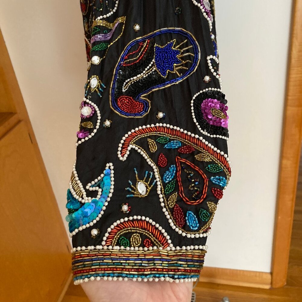 Paisley Sequin Beaded Jeweled Jacket Blue Black Multicolor - Picture 10 of 16